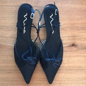 Nina Black Satin Kitten Heels with Gold Accents.